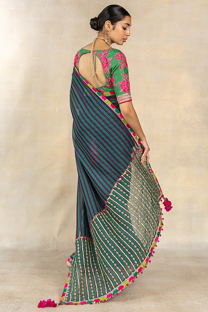 Dark Green Organza Striped Printed & Hand Embroidered Wedding Saree Set by TUSSAH BY SIDDHI SHAH at Pernia's Pop Up Shop