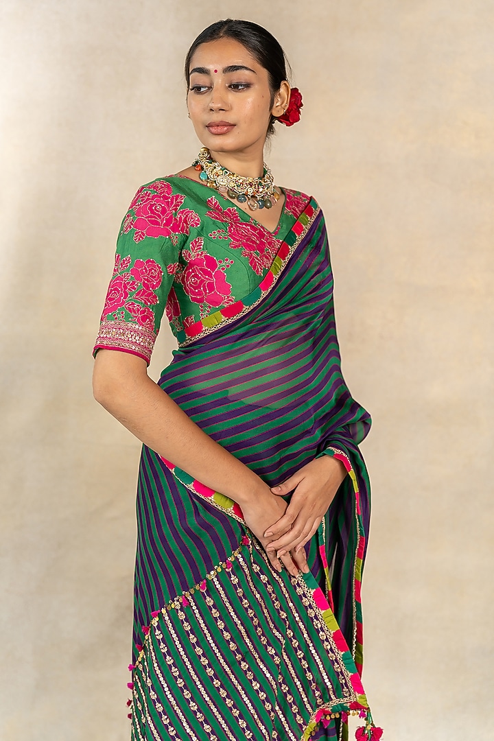 Dark Green Organza Striped Printed & Hand Embroidered Wedding Saree Set by TUSSAH BY SIDDHI SHAH at Pernia's Pop Up Shop