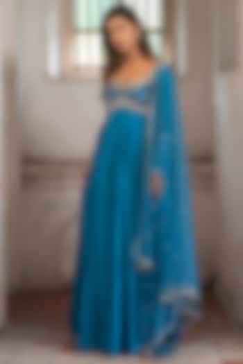 Peacock Blue Habutai Silk Embroidered Wedding Anarkali Set by EnamourByRadha at Pernia's Pop Up Shop