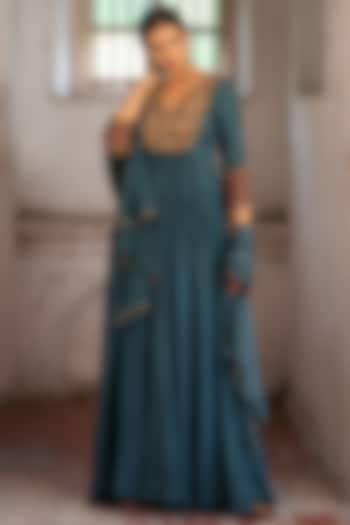 Teal Green Upada Silk Embroidered Wedding Anarkali Set by EnamourByRadha at Pernia's Pop Up Shop
