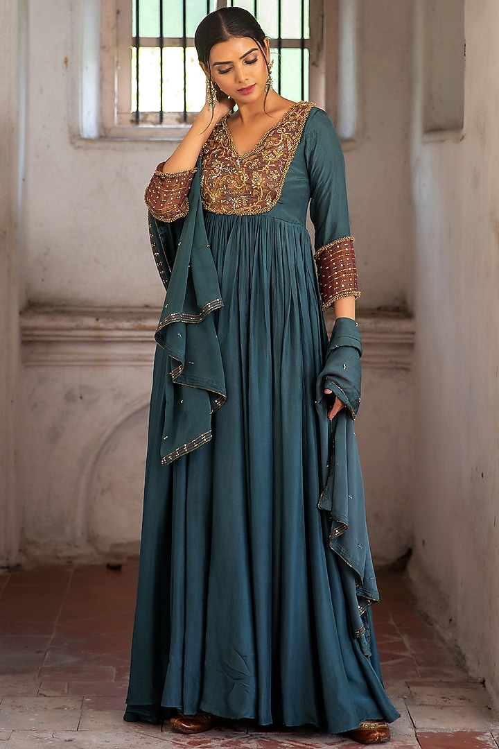 Teal Green Upada Silk Embroidered Wedding Anarkali Set by EnamourByRadha at Pernia's Pop Up Shop