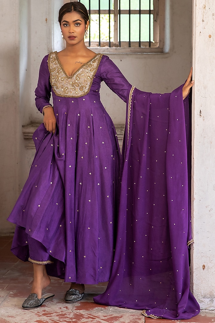 Violet Upada Silk & Chinon Chiffon Embroidered Wedding Anarkali Set by EnamourByRadha at Pernia's Pop Up Shop