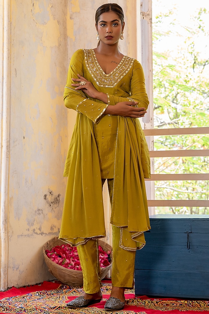 Lime Yellow Upada Silk & Chinon Chiffon Embroidered Tunic Set by EnamourByRadha at Pernia's Pop Up Shop
