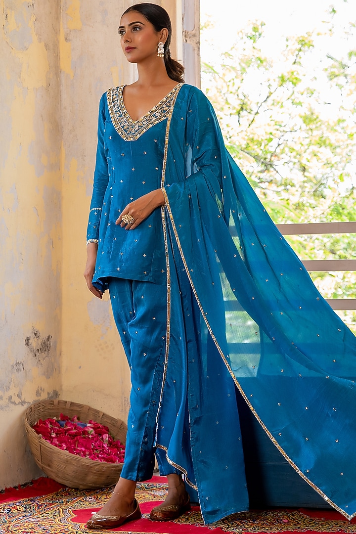 Peacock Blue Upada Silk & Chinon Chiffon Embroidered Tunic Set by EnamourByRadha at Pernia's Pop Up Shop