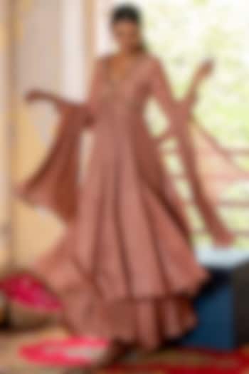 Blush Pink Upada Silk & Chinon Chiffon Embroidered Party Wear Anarkali Set by EnamourByRadha at Pernia's Pop Up Shop