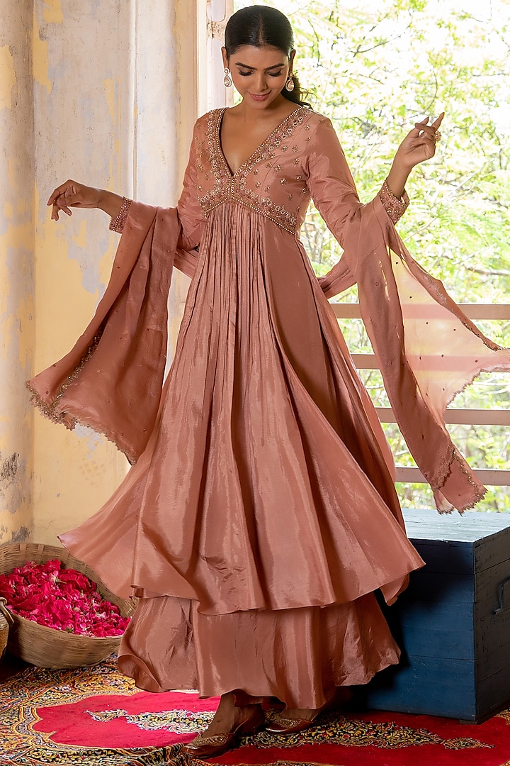 Blush Pink Upada Silk & Chinon Chiffon Embroidered Party Wear Anarkali Set by EnamourByRadha at Pernia's Pop Up Shop