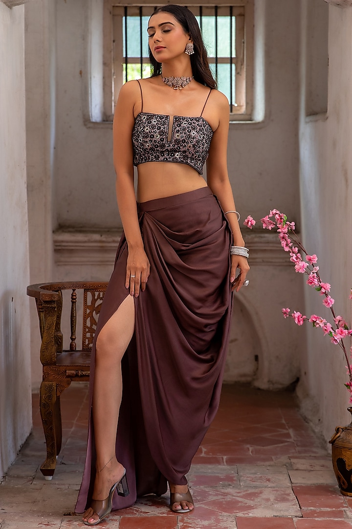 Brown Upada Silk Draped Skirt Set by EnamourByRadha at Pernia's Pop Up Shop