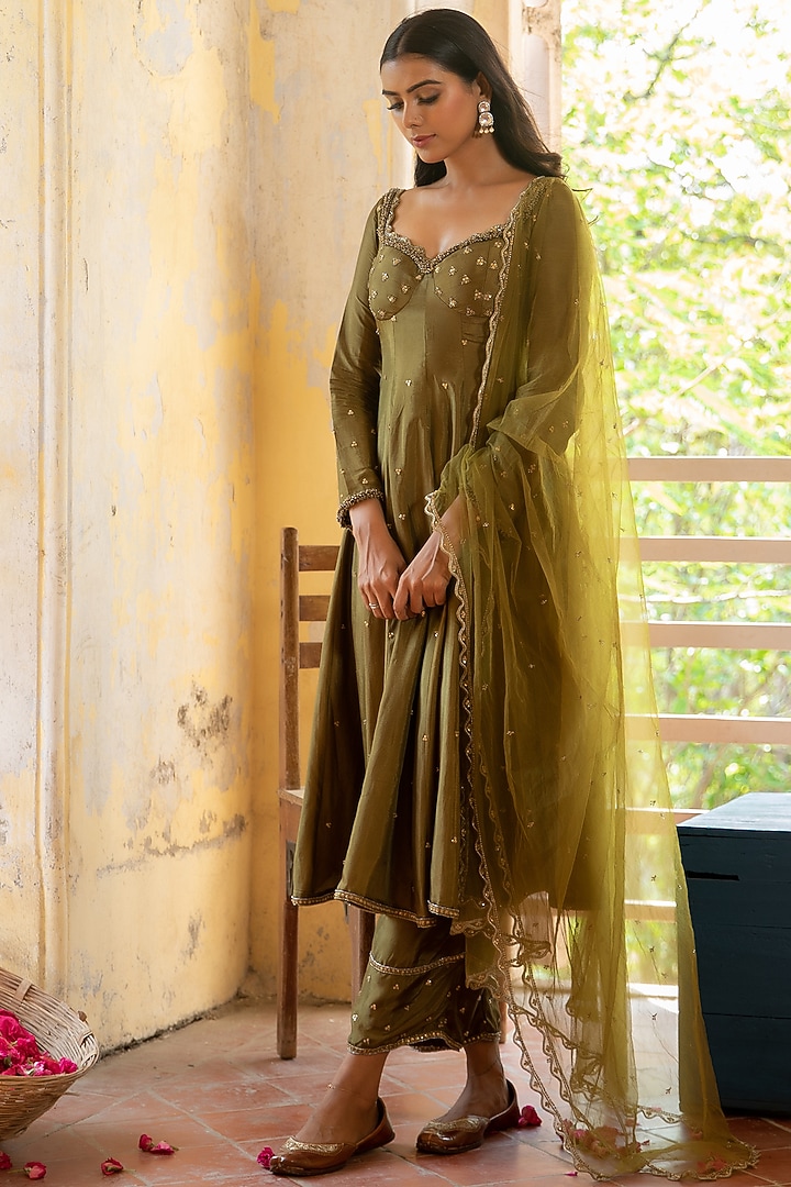 Mehendi Green Upada Silk Embroidered Wedding Anarkali Set by EnamourByRadha at Pernia's Pop Up Shop