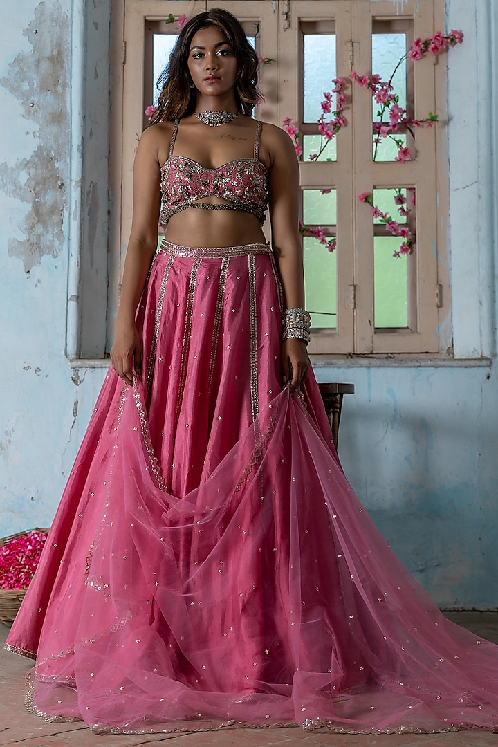 Hot Pink Upada Silk Hand Embroidered Wedding Lehenga Set by EnamourByRadha at Pernia's Pop Up Shop