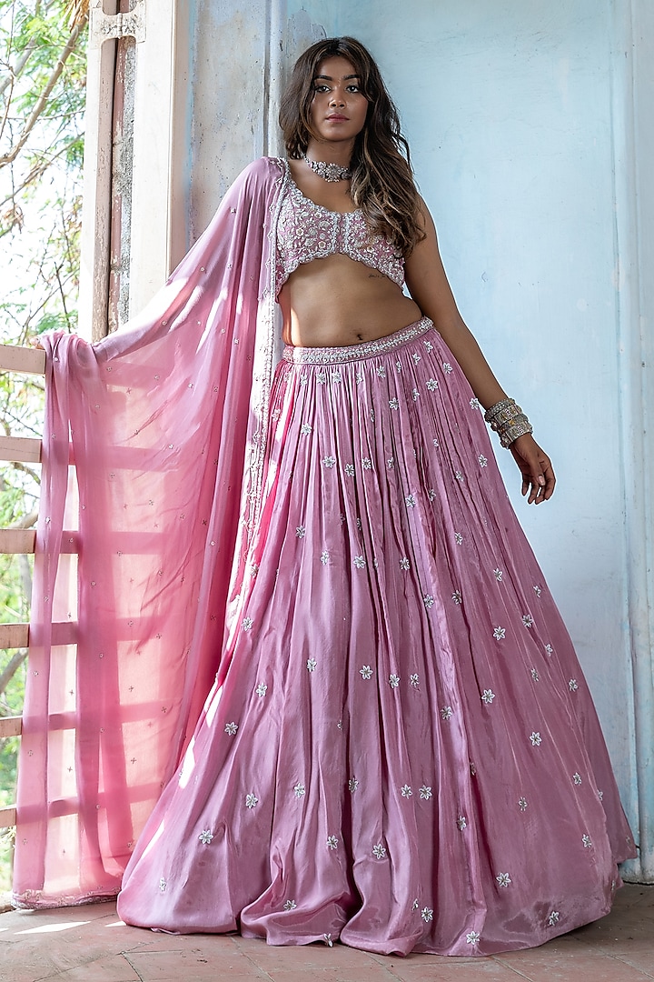 Mauve Pink Habutai Silk Embroidered Wedding Lehenga Set by EnamourByRadha at Pernia's Pop Up Shop