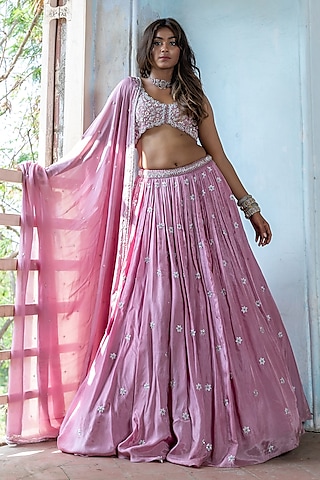 Mauve Pink Habutai Silk Embroidered Lehenga Set by EnamourByRadha
