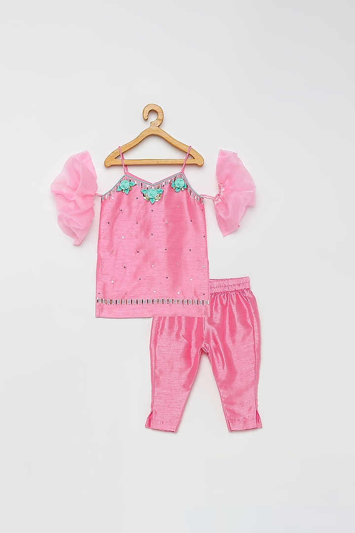 Pink Hand Embroidered Kurta Set For Girls by Tutus by tutu at Pernia's Pop Up Shop