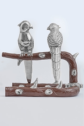 Silver & Brown Pure Silver Cladded Ganga Jamuna Regal Parrot Showpiece by Creative Grains Calcutta