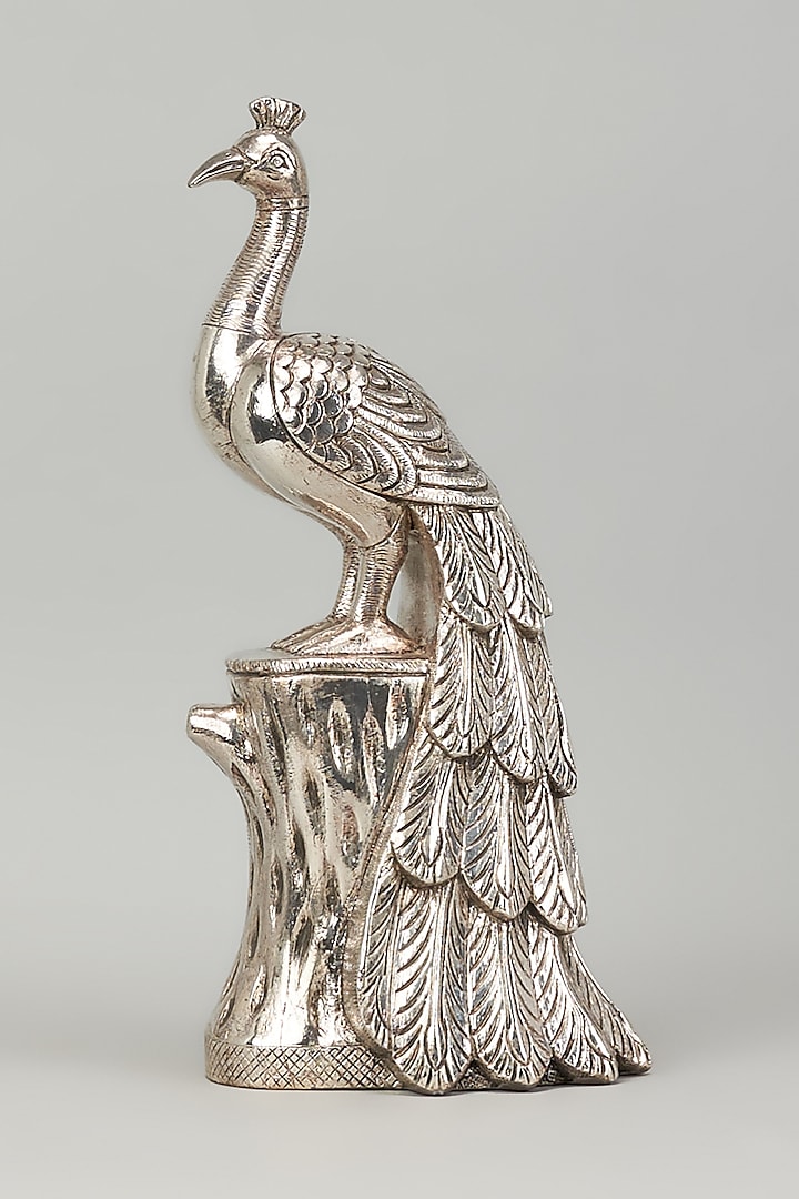 Pure Silver Cladded Peacock On Log Showpiece by Creative Grains Calcutta