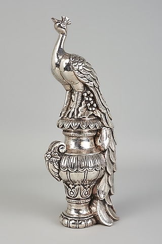 Pure Silver Cladded Peacock On Vase Showpiece by Creative Grains Calcutta