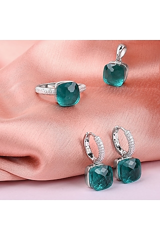 Green Stone & Zircon Pendant Set In Sterling Silver by TOUCH925