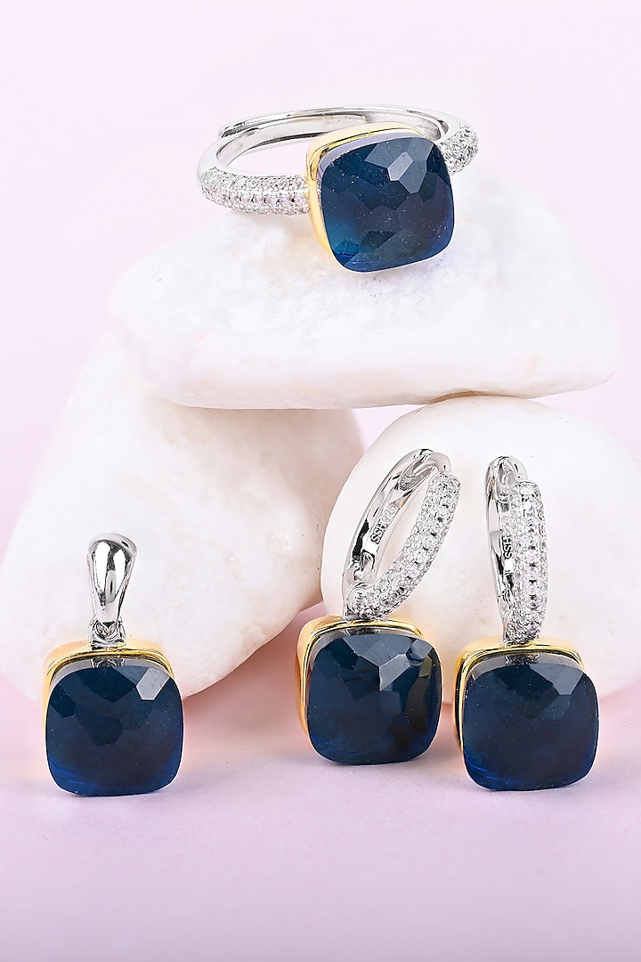 Gold Finish Midnight Blue Stone & Zircon Pendant Set In Sterling Silver by TOUCH925