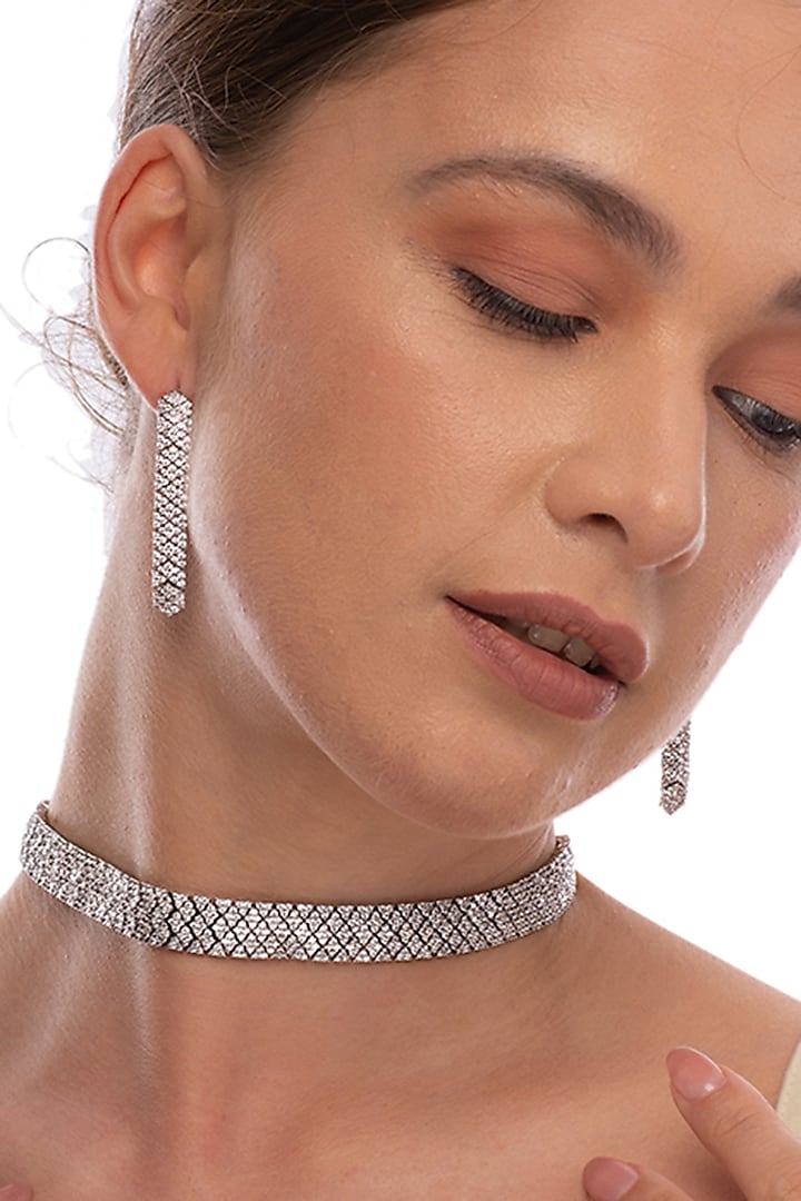 Silver Finish Cubic Zirconia Choker Necklace Set In Sterling Silver by TOUCH925