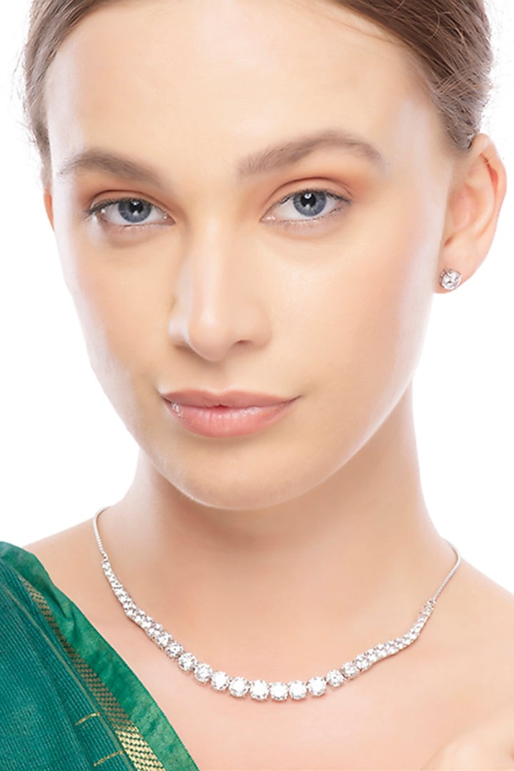 Silver Finish Cubic Zirconia Necklace Set In Sterling Silver by TOUCH925