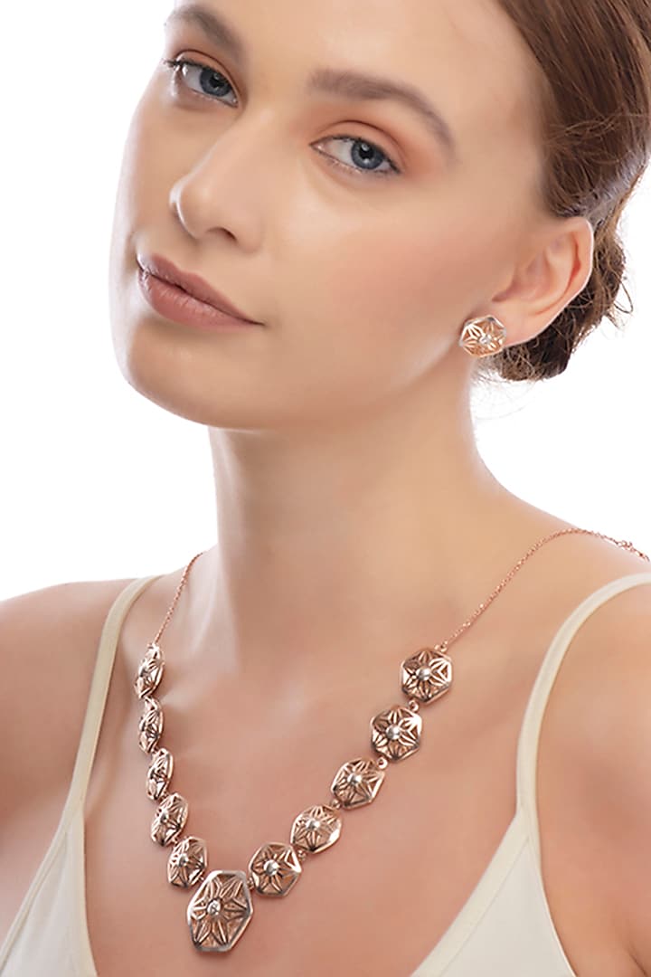 Rose Gold Finish Cubic Zirconia Necklace Set In Sterling Silver by TOUCH925