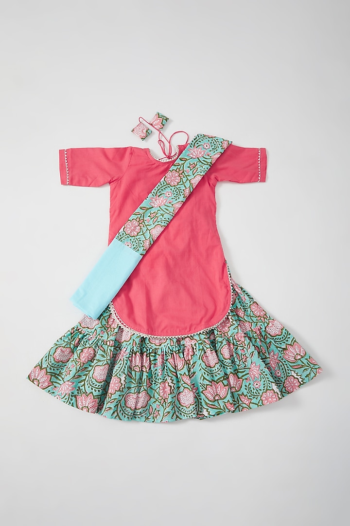 Green Hand Block Printed Sharara Set For Girls by THE COTTON STAPLE