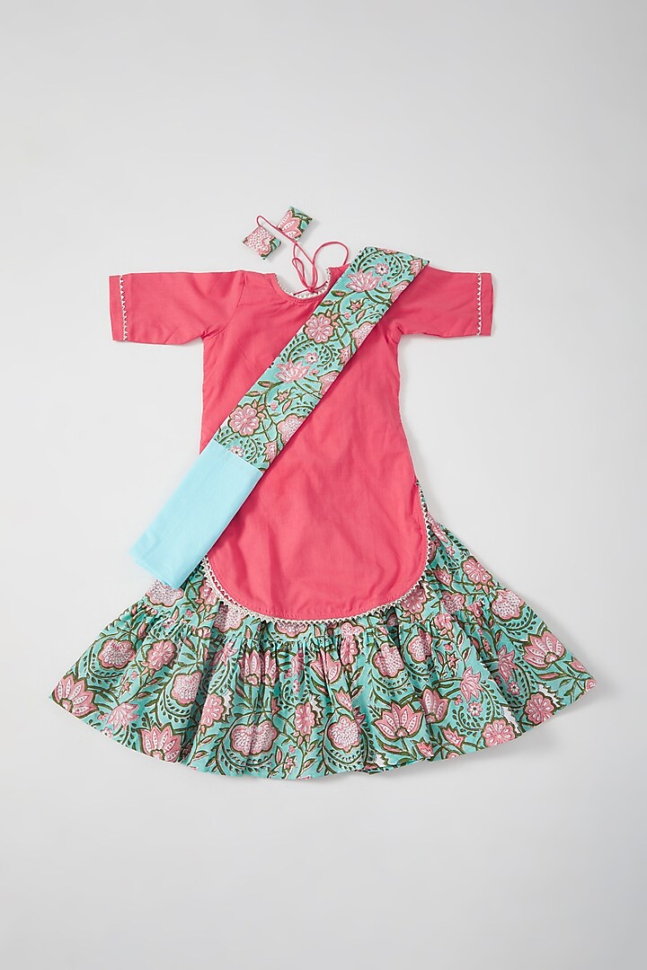 Green Hand Block Printed Sharara Set For Girls by THE COTTON STAPLE at Pernia's Pop Up Shop