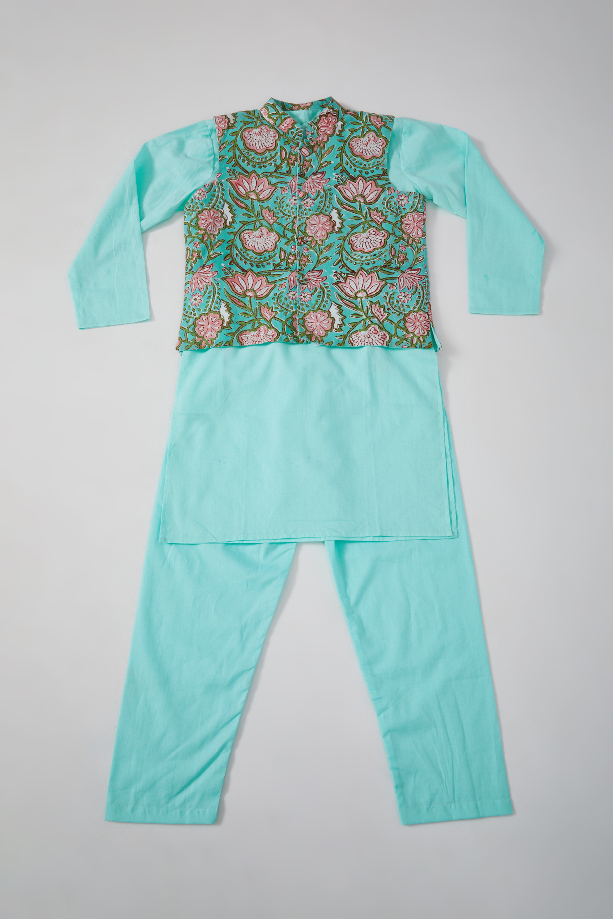 Ice Blue Kurta Set With Hand Block Printed Nehru Jacket For Boys by THE COTTON STAPLE at Pernia's Pop Up Shop