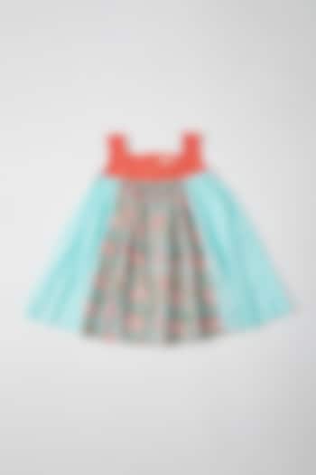 Mint & Peach Hand Block Printed Paneled Dress For Girls by THE COTTON STAPLE