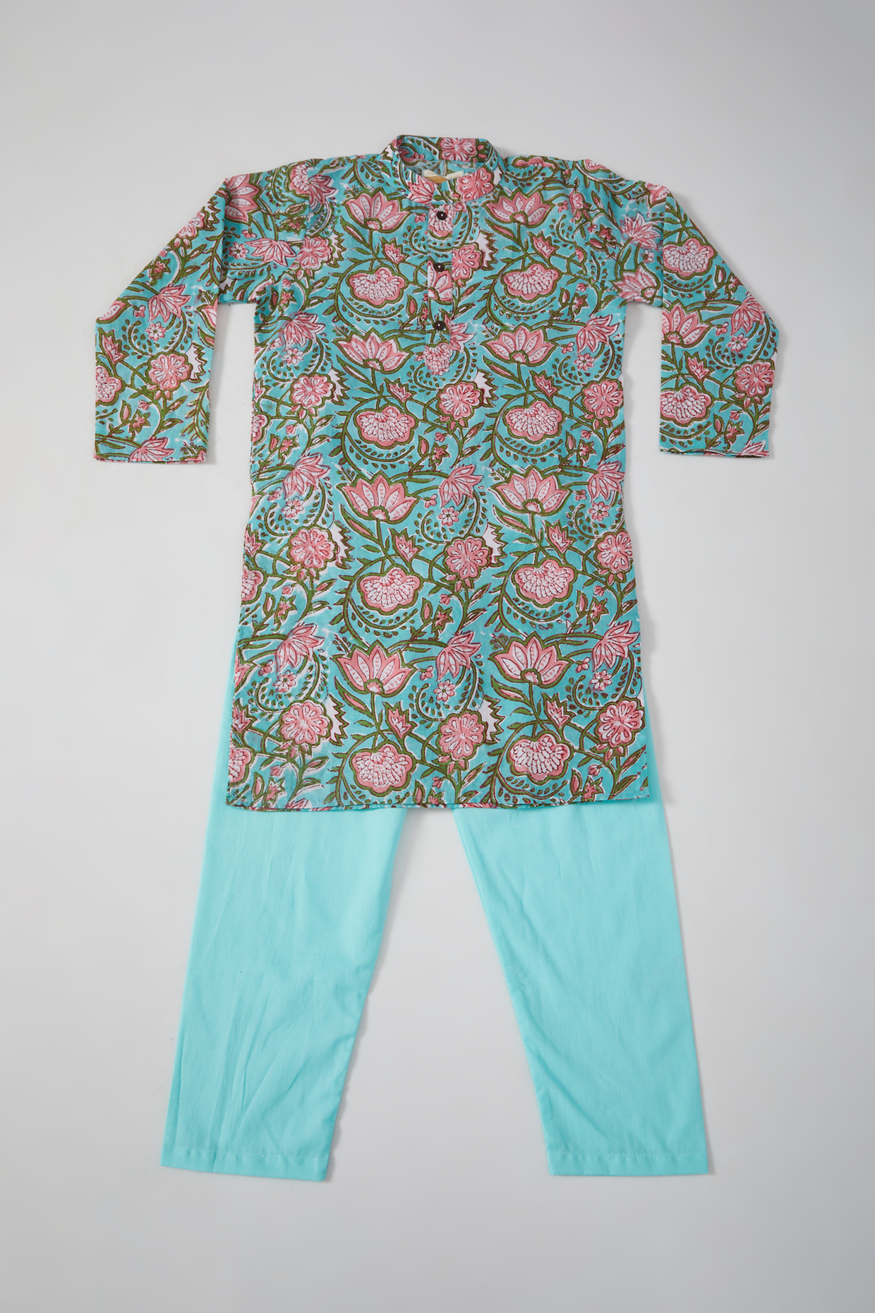 Sky Blue Hand Block Printed Kurta Set For Boys by THE COTTON STAPLE at Pernia's Pop Up Shop