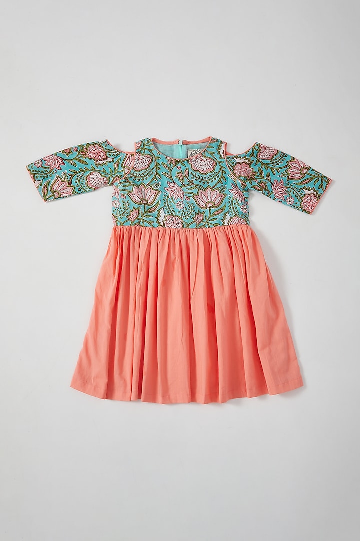 Peach & Mint Hand Block Printed Cold Shoulder Dress For Girls by THE COTTON STAPLE
