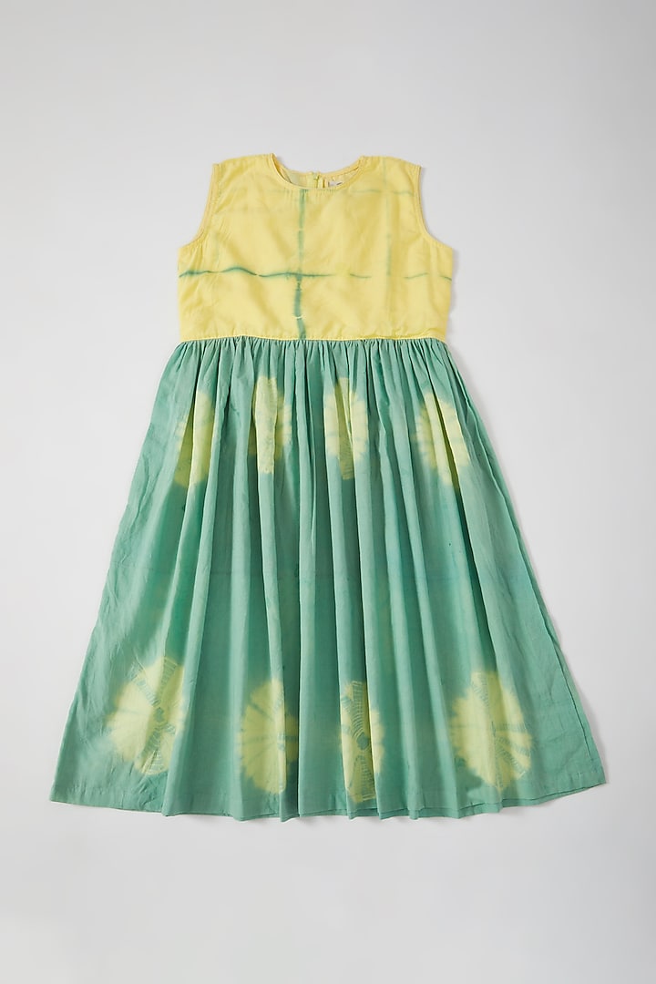 Yellow & Green Tie-Dyed Dress For Girls by THE COTTON STAPLE