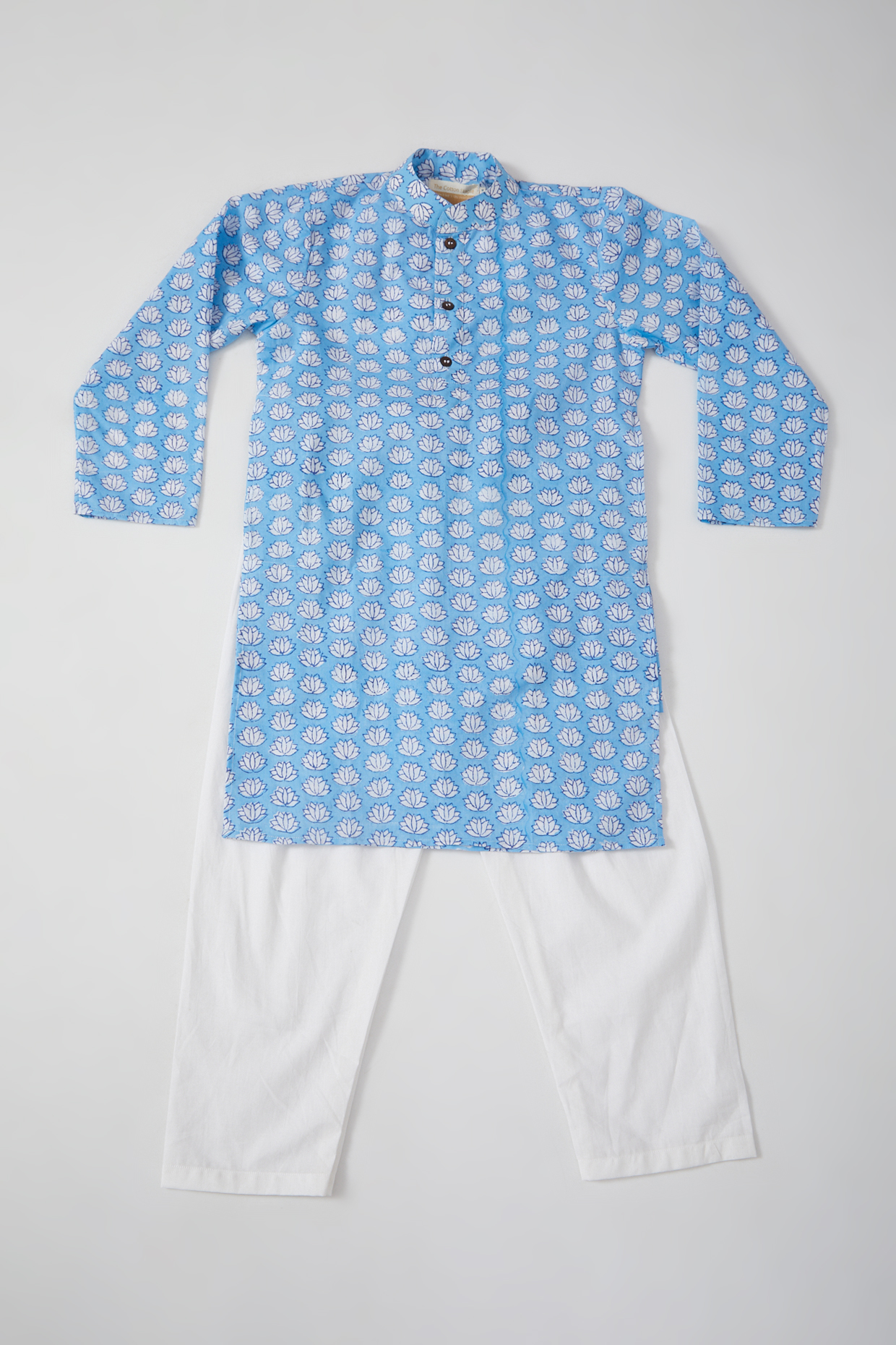Buoyant Blue Hand Block Printed Kurta Set For Boys by THE COTTON STAPLE at Pernia's Pop Up Shop