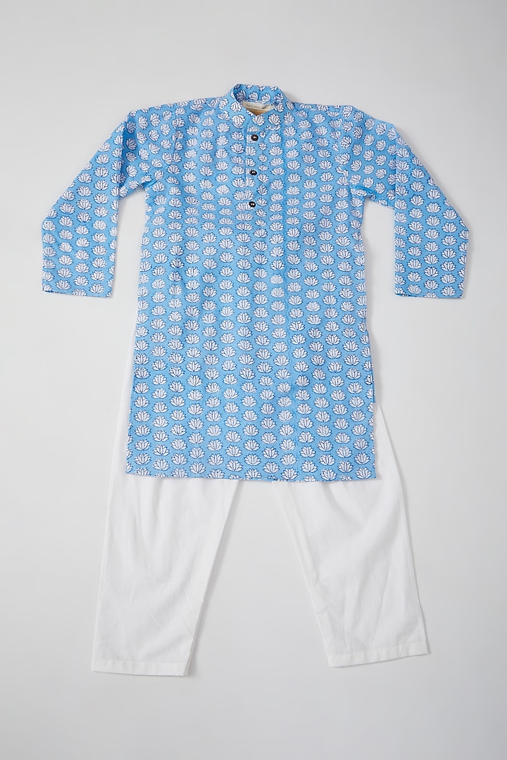 Buoyant Blue Hand Block Printed Kurta Set For Boys by THE COTTON STAPLE at Pernia's Pop Up Shop
