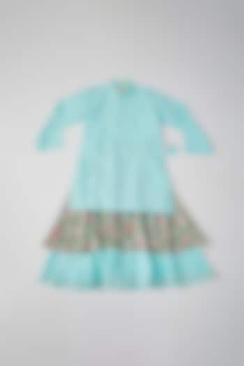 Ice Blue Hand Block Printed Lehenga Set For Girls by THE COTTON STAPLE
