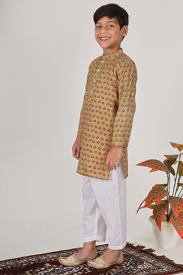 Green Cotton Floral Printed Kurta Set For Boys by THE COTTON STAPLE at Pernia's Pop Up Shop