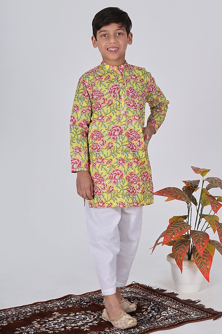 Yellow Cotton Floral Printed Kurta Set For Boys by THE COTTON STAPLE at Pernia's Pop Up Shop