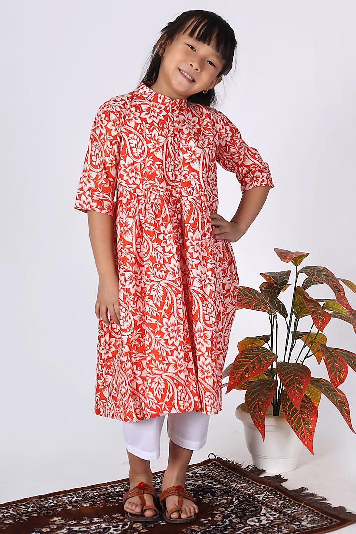 Orange Cotton Floral Printed Kurta Set For Girls by THE COTTON STAPLE at Pernia's Pop Up Shop