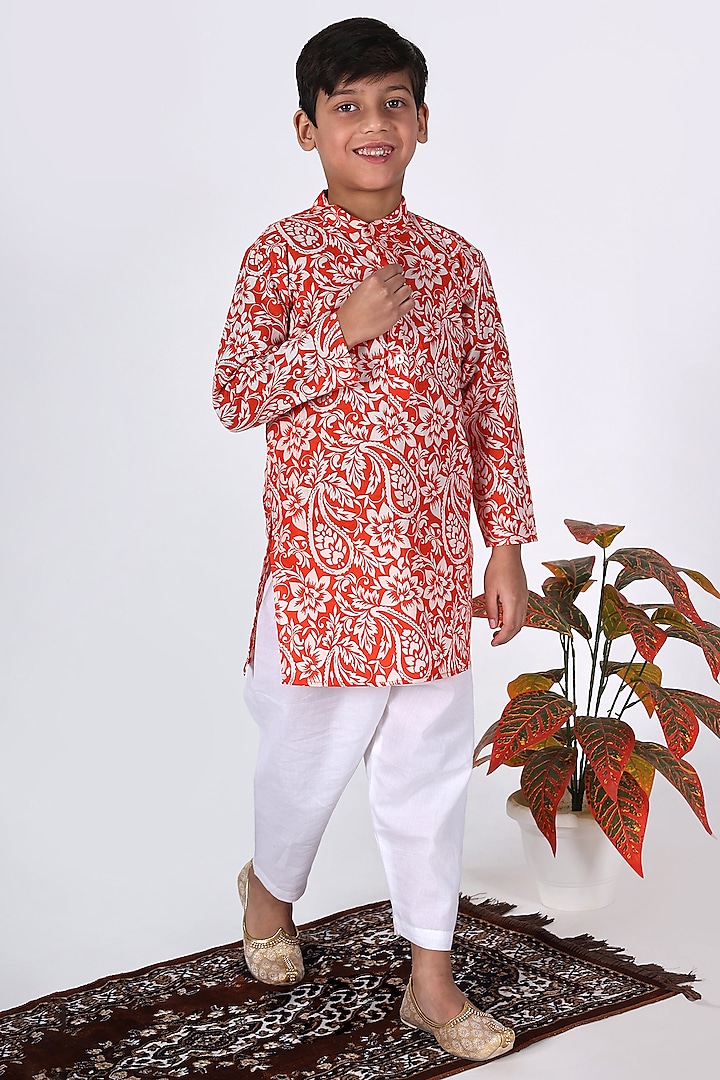 Orange Cotton Floral Printed Kurta Set For Boys by THE COTTON STAPLE at Pernia's Pop Up Shop