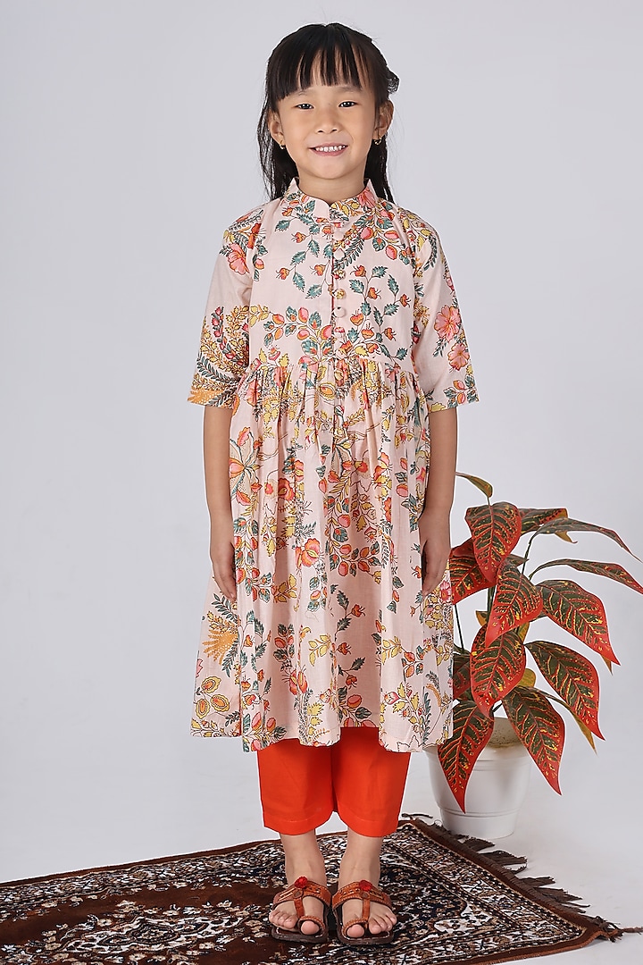 Beige Cotton Floral Printed Kurta Set For Girls by THE COTTON STAPLE at Pernia's Pop Up Shop