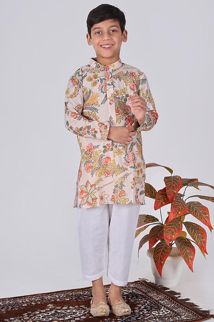 Beige Cotton Floral Printed Kurta Set For Boys by THE COTTON STAPLE at Pernia's Pop Up Shop