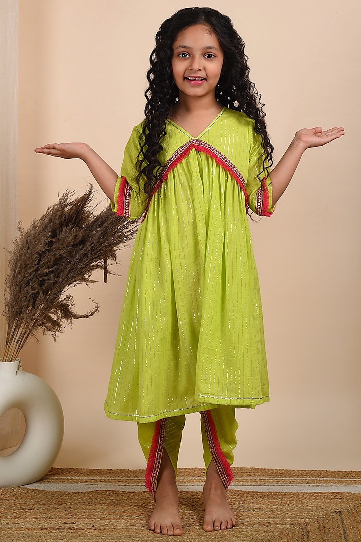 Lime Dhoti Set With Gota Work For Girls by THE COTTON STAPLE