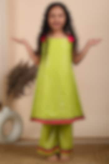 Lime A-line Kurta Set With Lace Work For Girls by THE COTTON STAPLE