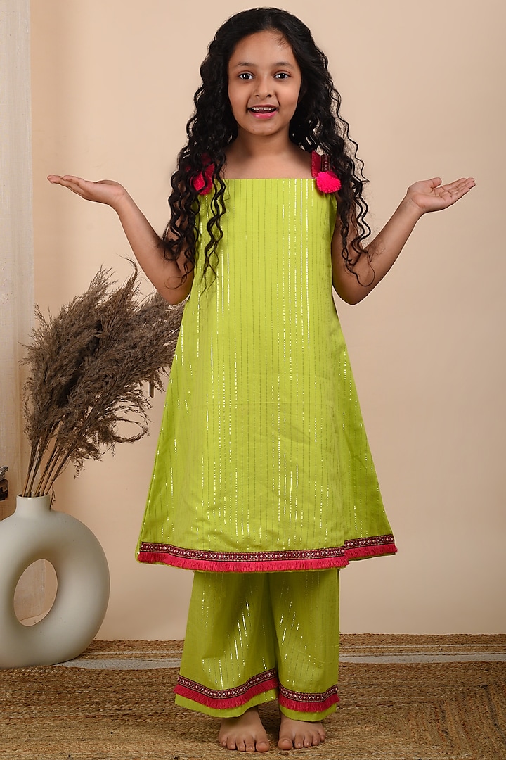 Lime A-line Kurta Set With Lace Work For Girls by THE COTTON STAPLE