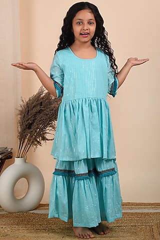 Powder Blue Cotton Lurex Sharara Set
