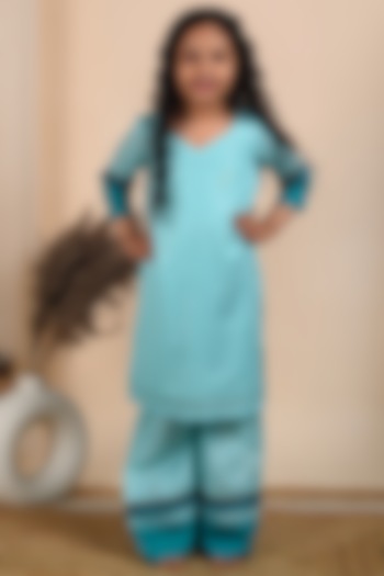 Powder Blue Kurta Set With Lace Work For Girls by THE COTTON STAPLE