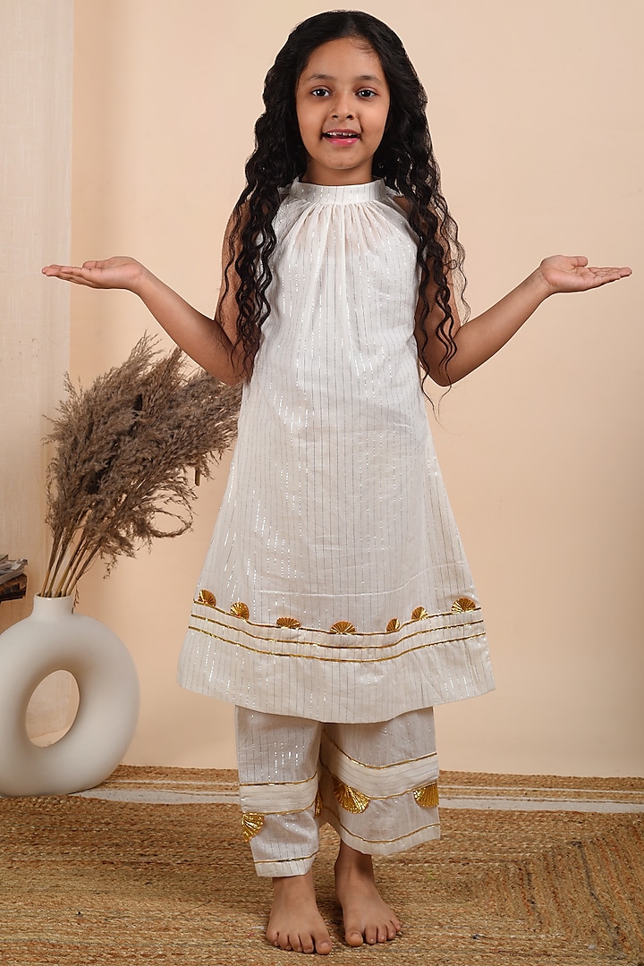 Ivory Kurta Set With Gota Work For Girls by THE COTTON STAPLE