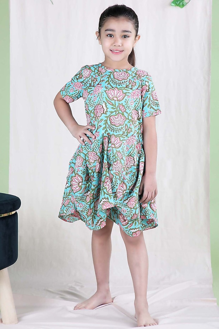 Mint Hand Block Printed Cowl Dress For Girls by THE COTTON STAPLE