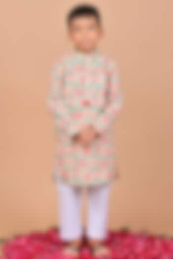 Peach Cotton Floral Printed & Embroidered Kurta Set For Boys by THE COTTON STAPLE