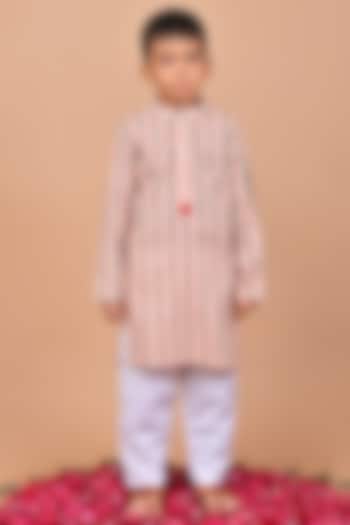 Peach Cotton Floral Printed & Embroidered Kurta Set For Boys by THE COTTON STAPLE