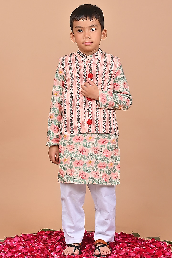Peach Cotton Crochet Floral Embroidered Nehru Jacket Set For Boys by THE COTTON STAPLE